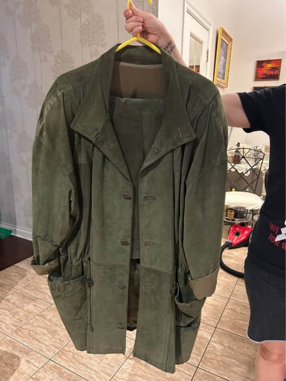 Olive green suede pant suit jacket set size L/XL